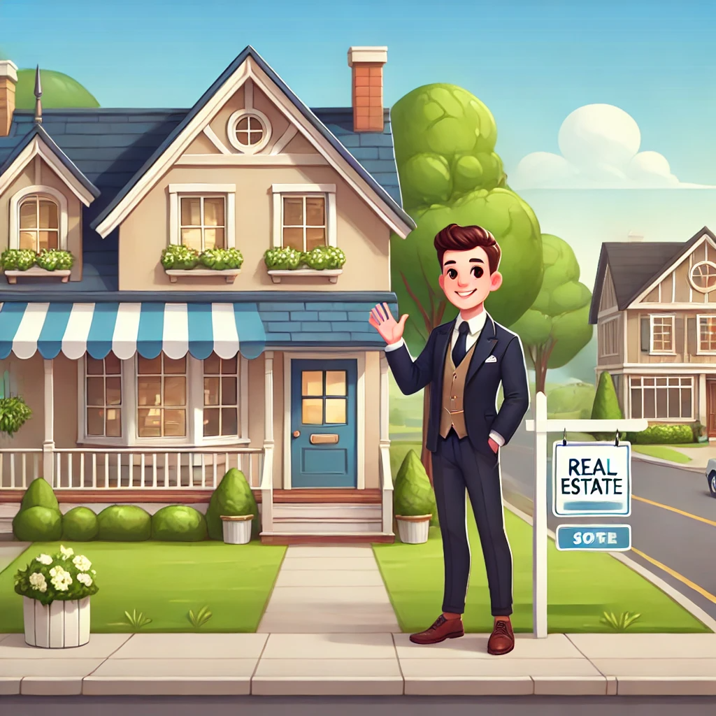 Where to Find an Agent. Illustration of a welcoming real estate scene featuring a friendly agent standing outside a charming house in a cozy neighborhood. The neighborhood has tree-lined streets, homes of different styles, and a small real estate office nearby. The agent is waving warmly, symbolizing trust and approachability in finding the right real estate professional.
