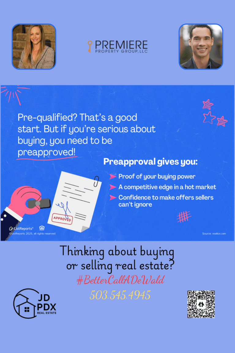 Dreaming of Your Next Home. A digital real estate advertisement with a blue background featuring text about the importance of mortgage preapproval. The top section contains white text stating, "Pre-qualified? That's a good start. But if you're serious about buying, you need to be preapproved!" followed by bullet points highlighting the benefits of preapproval: proof of buying power, a competitive edge, and confidence in making offers.