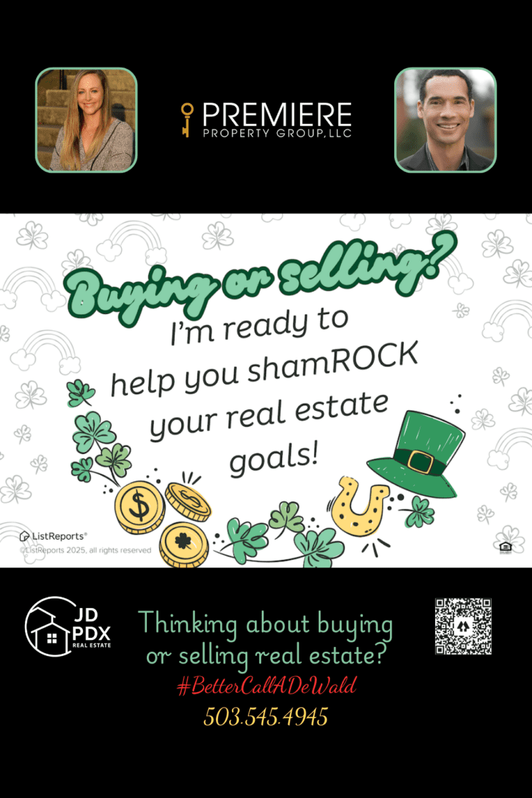 Shamrock Your Real Estate. The image is a St. Patrick’s Day-themed real estate promotion with a festive and playful design. The text encourages potential buyers and sellers with “Buying or Selling? I’m ready to help you shamROCK your real estate goals!” ??? The background features lucky elements like shamrocks, gold coins, a leprechaun hat, a horseshoe, and rainbows, symbolizing good fortune in real estate.