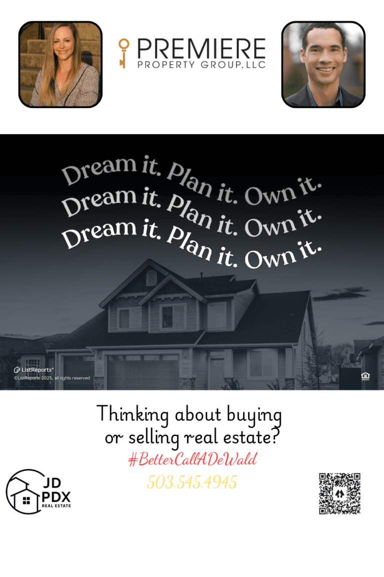 Your Dream Home is Waiting. A real estate advertisement with a modern black-and-white aesthetic. The upper portion features a grayscale image of a beautiful two-story suburban home, with bold, curved white text that reads, "Dream it. Plan it. Own it." repeated three times, giving a sense of movement and motivation.