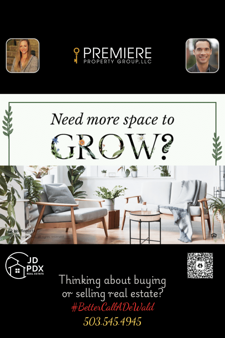 Need More Space to Grow? A real estate marketing graphic features the phrase "Need more space to GROW?" with the word "GROW" styled using floral and plant imagery. Below the text is a photo of a bright, modern living room filled with natural light and numerous houseplants, creating a spacious and inviting atmosphere.