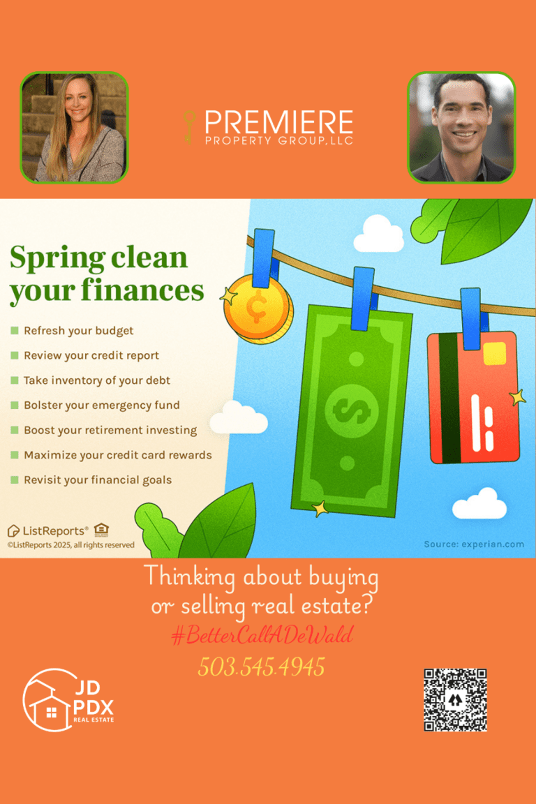 Spring Clean Your Finances. The image promotes the idea of spring cleaning your finances, using a bright, cheerful design with currency symbols and financial items hanging from a clothesline like laundry. The left side of the image lists financial tips: Refresh your budget Review your credit report Take inventory of your debt Bolster your emergency fund Boost retirement investing Maximize credit card rewards Revisit financial goals