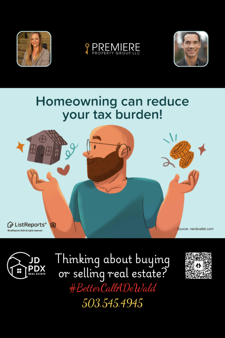 Homeownership Tax Benefits. An illustrated graphic shows a bearded man in glasses holding a small house in one hand and coins in the other, with playful icons representing love, savings, and benefits. The top text reads, "Homeowning can reduce your tax burden!