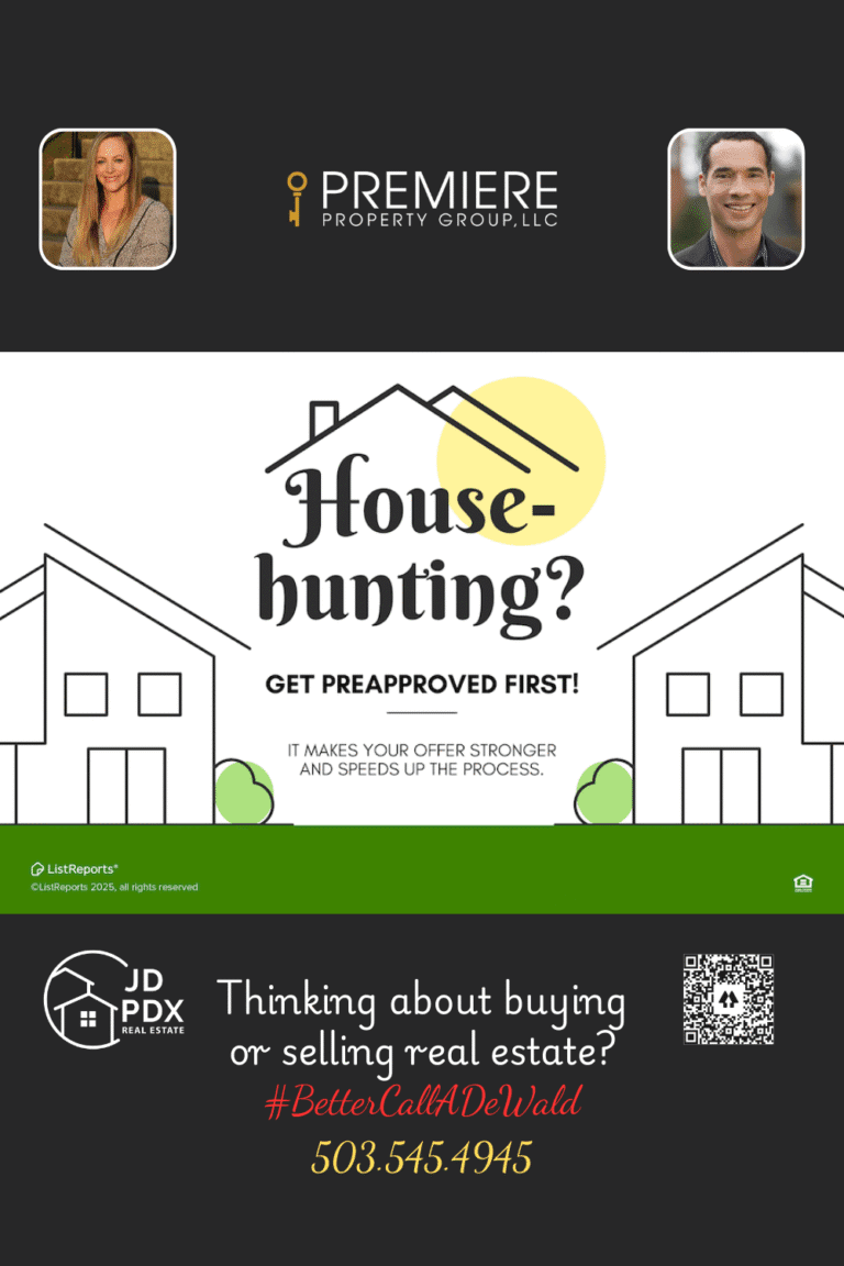 House Hunting Get Pre Approved. A real estate graphic encourages house hunters to get preapproved before starting their search. The design features simple, line-drawn houses with a bright yellow sun, along with text that reads, "House-hunting? Get preapproved first! It makes your offer stronger and speeds up the process.