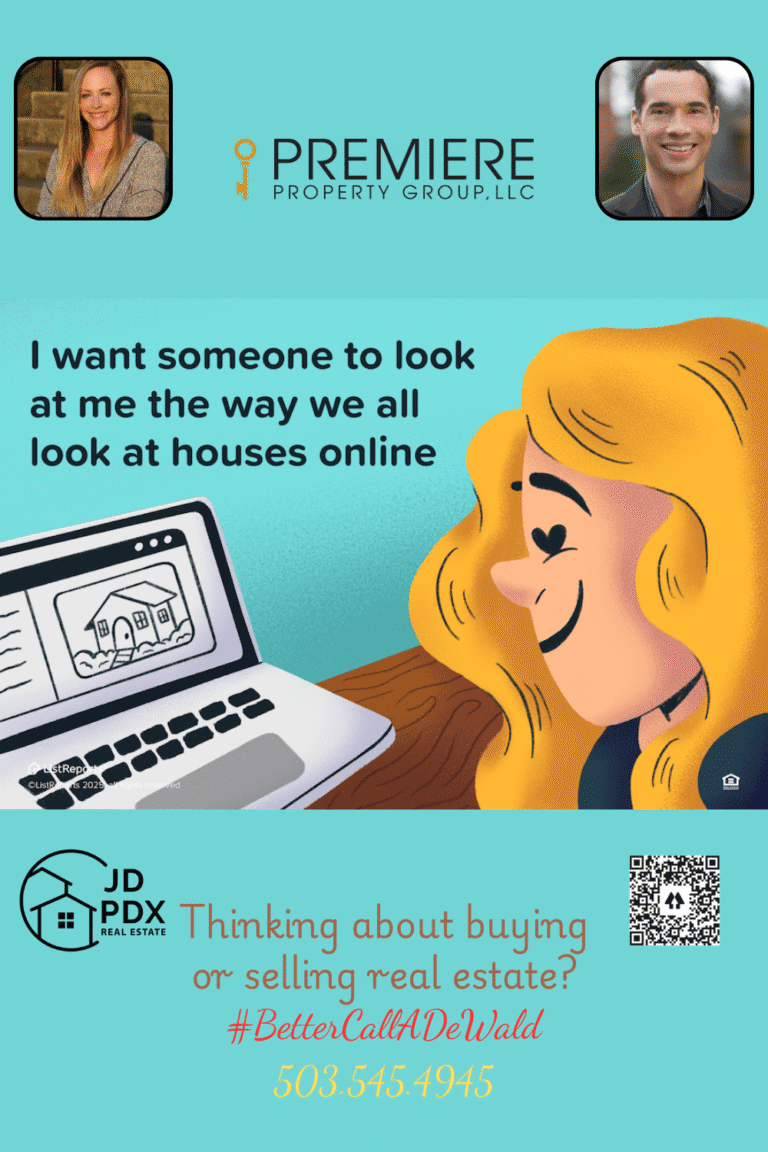 Turn That Online Crush Into a Real-Life Match. An illustrated woman smiles lovingly at a laptop screen displaying a sketch of a house, symbolizing online home shopping. Text above her reads, "I want someone to look at me the way we all look at houses online.