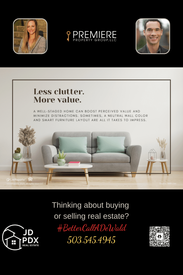 Less Clutter More Value. A real estate promotional graphic emphasizes the message “Less clutter. More value.” with a stylish, minimalist living room scene featuring a gray couch, mint green pillows, simple decor, and neutral colors.