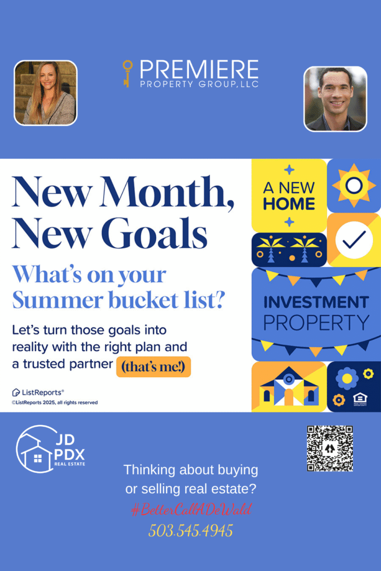 New Home Summer Goal. A real estate-themed graphic promoting summer goals, featuring the text “New Month, New Goals” and “What’s on your Summer bucket list?” with a call to action: “Let’s turn those goals into reality with the right plan and a trusted partner (that’s me!).” On the right side, icons represent goals like "A New Home" and "Investment Property