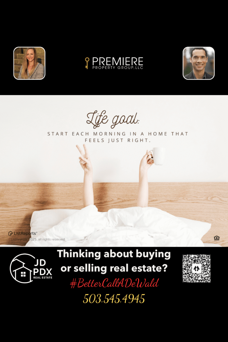 Dreaming of Your First Home. A cozy real estate marketing graphic features a person under a white comforter, raising one hand holding a coffee mug and the other flashing a peace sign. Above them, the quote reads: “Life goal: Start each morning in a home that feels just right.