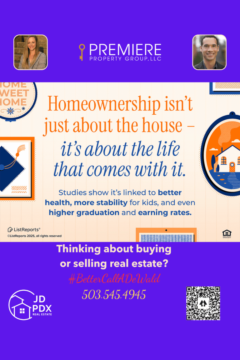 Foundation For Your Future. Illustrated graphic with the headline “Homeownership isn’t just about the house – it’s about the life that comes with it.” Supporting text notes that studies link homeownership to better health, more stability for kids, and higher graduation and earning rates. The design includes icons like a graduation cap, a cozy house, and home-themed artwork.