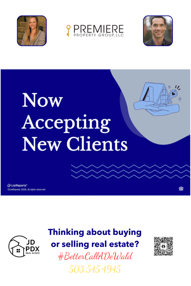 Now Accepting New Clients. A blue and white real estate graphic reads “Now Accepting New Clients” with an illustration of hands holding a house and key in the upper right.