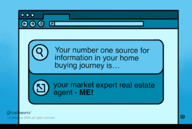Your Market Expert Real Estate. A graphic styled like a computer browser window shows two blue dialogue boxes. The first reads, “Your number one source for information in your home buying journey is…” and the second responds, “your market expert real estate agent – ME!