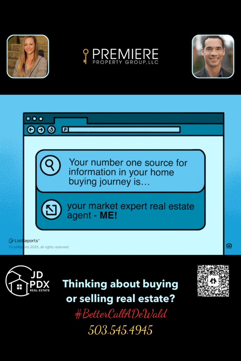 Your Market Expert Real Estate. A graphic styled like a computer browser window shows two blue dialogue boxes. The first reads, “Your number one source for information in your home buying journey is…” and the second responds, “your market expert real estate agent – ME!