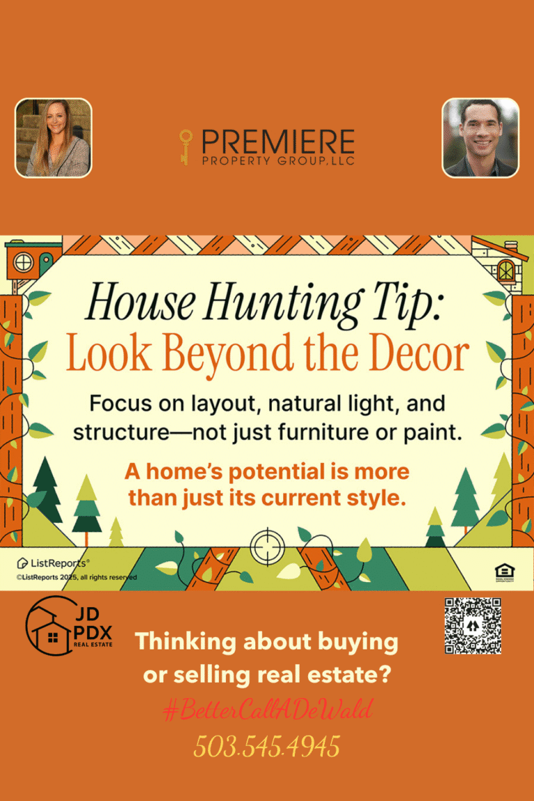 House Hunting Tip. Illustrated graphic with a house hunting tip: look beyond decor and focus on layout, light, and structure.