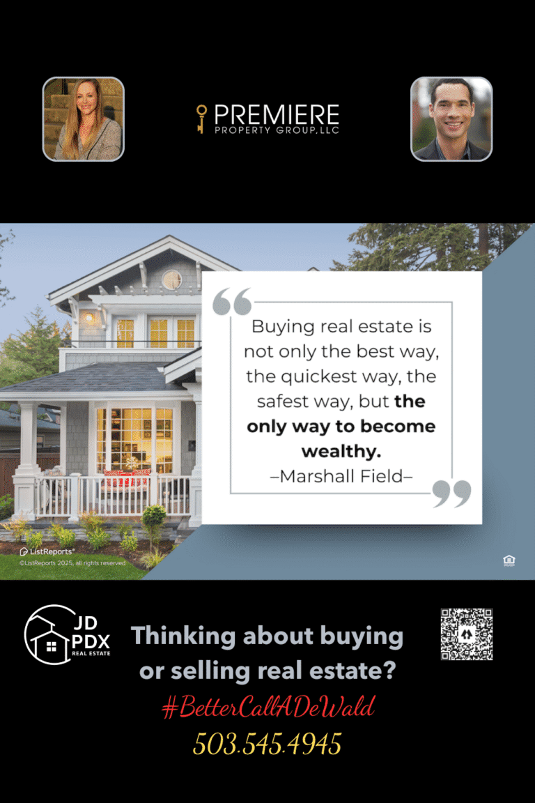 Why Buy Real Estate Front view of a modern gray home with a welcoming porch and warm lights glowing inside. Overlaid text features a quote by Marshall Field: “Buying real estate is not only the best way, the quickest way, the safest way, but the only way to become wealthy