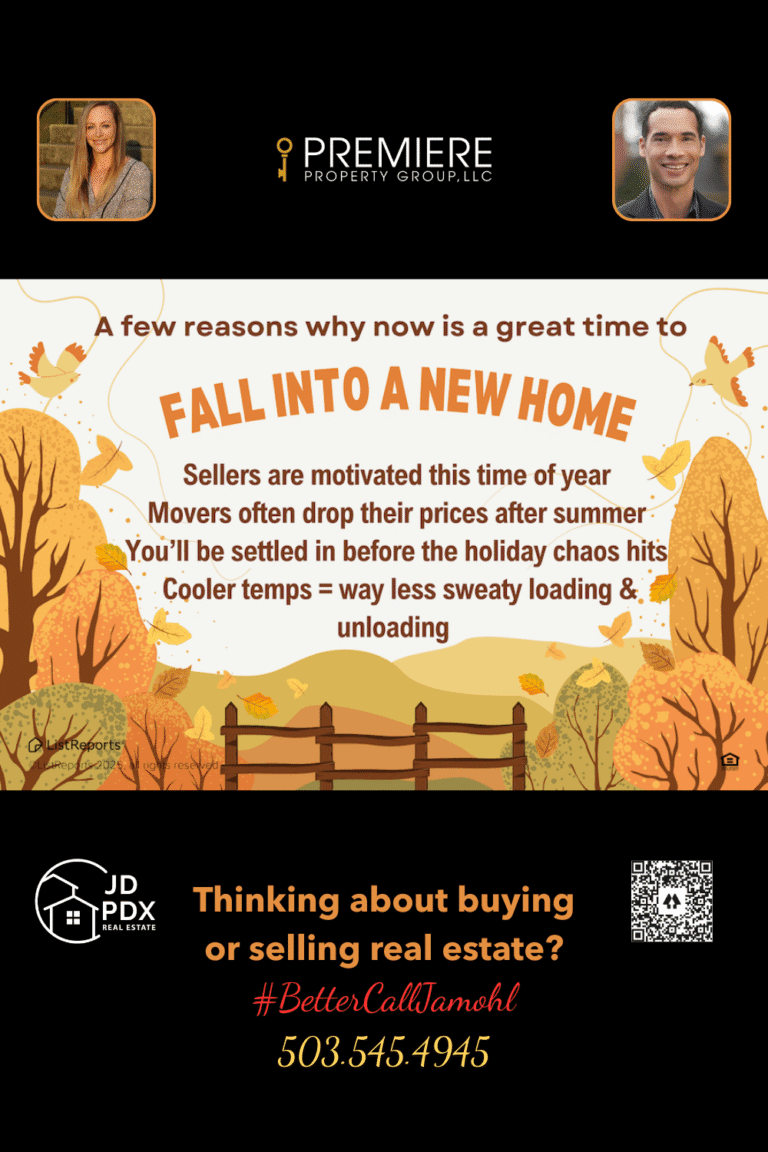 Why Fall Is the Perfect Time to Buy a Home. Fall-themed graphic says it’s a great time to buy a home because sellers are motivated, movers lower prices, you can settle before the holidays, and cooler temps make moving easier. Includes JD PDX Real Estate and Premiere Property Group branding with contact info 503.545.4945 and hashtag #BetterCallJamohl