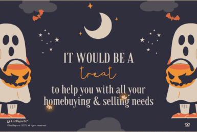 Don’t Ghost Your Dream Home. A cute Halloween-themed image featuring two cartoon ghosts holding pumpkin candy buckets under a crescent moon and stars. The text reads, “It would be a treat to help you with all your homebuying & selling needs