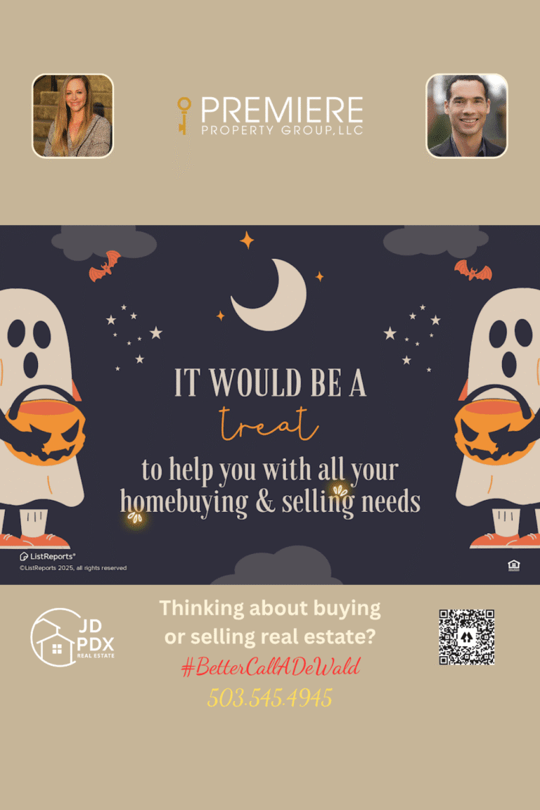 Don’t Ghost Your Dream Home. A cute Halloween-themed image featuring two cartoon ghosts holding pumpkin candy buckets under a crescent moon and stars. The text reads, “It would be a treat to help you with all your homebuying & selling needs