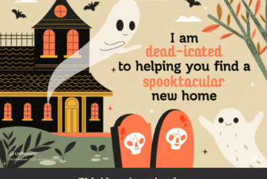 Fright-Free Homebuying Find a House So Perfect It’s Scary. A friendly Halloween-themed image featuring two cute ghosts near a spooky house with pumpkins and tombstones, promoting real estate services from JD PDX Real Estate and Premiere Property Group