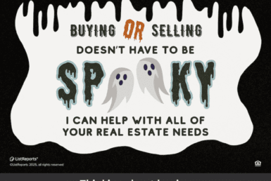 No Jump Scares, Just Sold Signs. Halloween-themed real estate graphic with spooky ghost lettering and the message “Buying or selling doesn’t have to be spooky.” Includes JD PDX Real Estate and Premiere Property Group branding, agent photos, contact info, and hashtag #BetterCallADeWald
