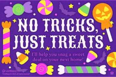 No Tricks Just Treats Sweet Deals Await. Halloween-themed real estate graphic with colorful candy, bats, and pumpkins on a purple background, promoting sweet home deals with JD PDX Real Estate and Premiere Property Group