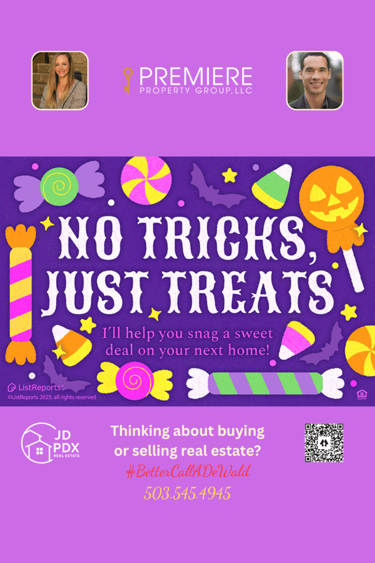 No Tricks Just Treats Sweet Deals Await. Halloween-themed real estate graphic with colorful candy, bats, and pumpkins on a purple background, promoting sweet home deals with JD PDX Real Estate and Premiere Property Group