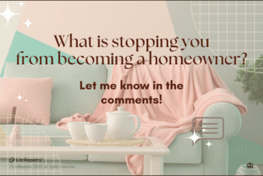 Step One Your Path to Home Sweet Home. A cozy living room scene featuring a soft green couch with a pink blanket draped over it, a white coffee table holding a teapot and cup, and pastel wall décor. The image includes text asking, “What is stopping you from becoming a homeowner?” with branding for JD PDX Real Estate and Premiere Property Group, LLC