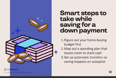 When Savings Meet Sold Signs. Illustration showing a stack of money with gold coins and a list of smart steps for saving for a down payment. The lower section includes JD PDX Real Estate and Premiere Property Group branding with agent photos and contact information
