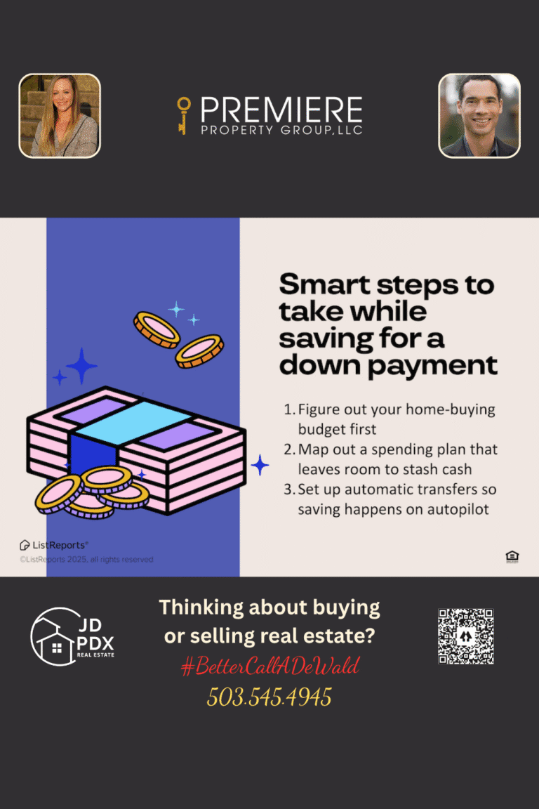 When Savings Meet Sold Signs. Illustration showing a stack of money with gold coins and a list of smart steps for saving for a down payment. The lower section includes JD PDX Real Estate and Premiere Property Group branding with agent photos and contact information