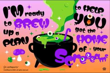 Witch Better Have My House. Colorful Halloween-themed real estate graphic featuring a bubbling green cauldron with spooky eyeballs and mushrooms. The text says, “I’m ready to brew up a plan to help you get the home of your screams.” Below are JD PDX Real Estate and Premiere Property Group branding, agent photos, contact info, and the tagline #BetterCallJamohl