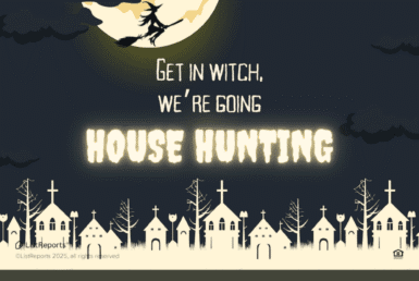 Witch Way to Your Dream Home? Halloween-themed real estate graphic featuring a witch flying on a broom across a glowing moon with the text “Get in witch, we’re going house hunting.” Below are spooky house silhouettes, photos of two smiling agents, and contact info for JD PDX Real Estate and Premiere Property Group, LLC with the tagline #BetterCallADeWald and phone number 503.545.4945