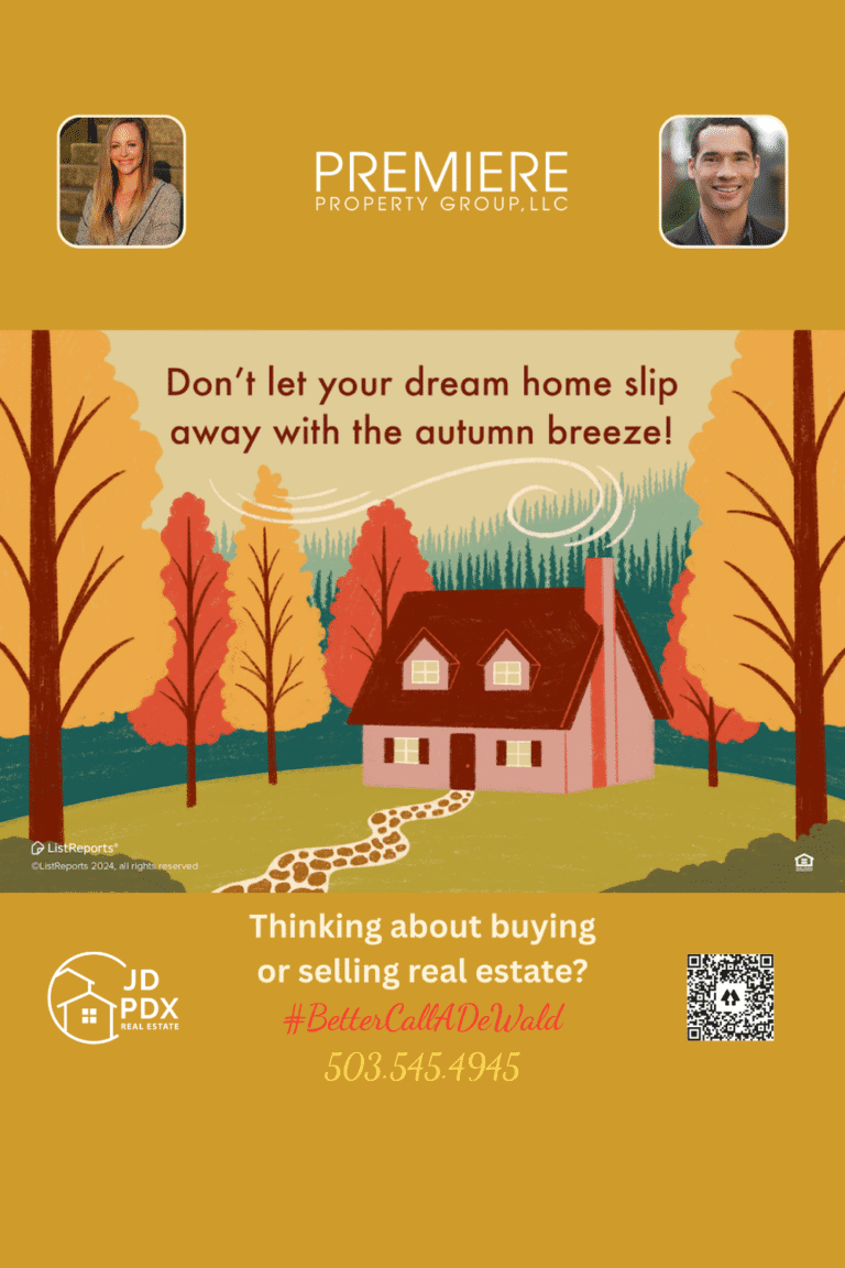 Fall Into Your Dream Home. Autumn illustration of a cozy house surrounded by colorful fall trees with real estate branding and agent photos below.