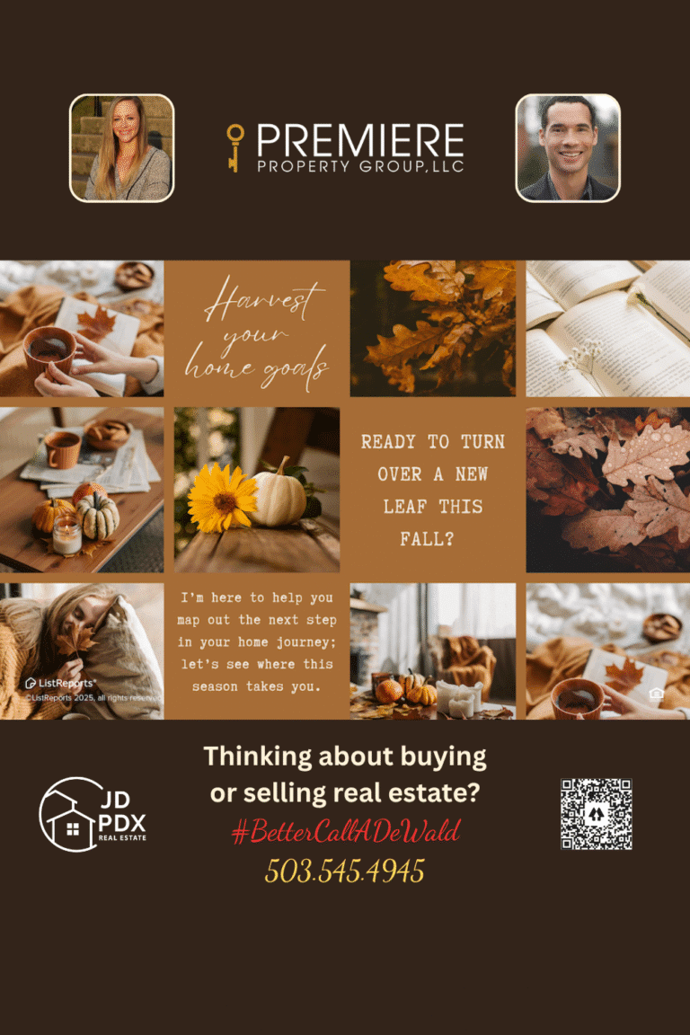 Fall into your next move. Fall-themed real estate graphic with autumn leaves, cozy home décor, photos of two agents, and JD PDX Real Estate and Premiere Property Group branding with contact info