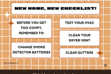 Must-Do Tasks for Your New Home. Home maintenance checklist graphic with reminders like changing smoke detector batteries, testing HVAC, cleaning dryer vents, and clearing gutters, plus real estate branding and agent photos