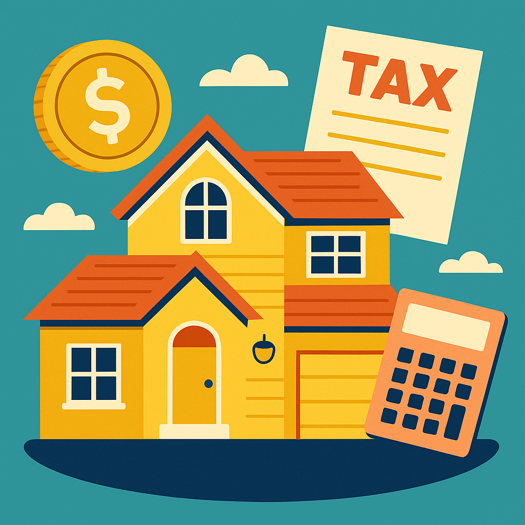 The Hidden Tax Benefits of Buying a Home. A bright, inviting illustration of a cozy two-story home surrounded by golden coins, paperwork, and a calculator—symbolizing the financial rewards and hidden tax benefits of homeownership