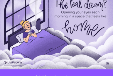 Finding a Home That Truly Fits. Illustration of a person waking up happily in bed, surrounded by soft clouds and warm light from a large window, conveying the cozy feeling of being at home. The design includes a dreamy purple color palette and real estate branding in the lower section