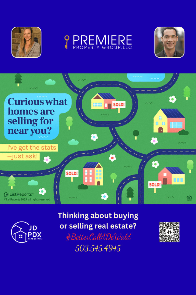 Know Your Market Own Your Move.Illustrated map showing colorful homes on winding roads with “SOLD” signs. A message bubble asks what homes are selling for nearby. Bottom section features two agent photos, contact info, JD PDX Real Estate logo, and Premiere Property Group branding