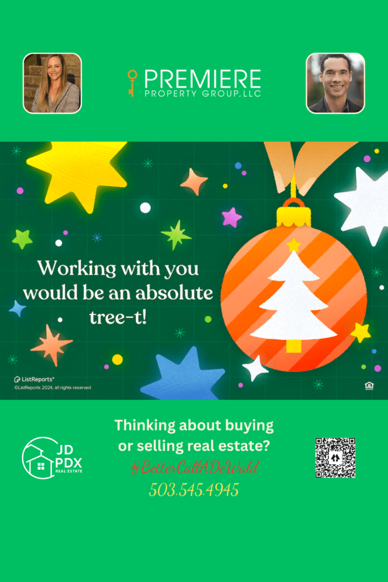 Santa Called...It's Time To Move. Festive holiday graphic with colorful stars and a Christmas ornament featuring a tree illustration. Bottom banner shows real estate agent photos, contact information, JD PDX Real Estate logo, and Premiere Property Group branding.