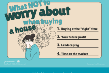 Buying a Home? Here's What You Can Stop Worrying About . Illustration showing a stressed homebuyer with a checklist of things not to worry about when buying a house, promoting a calmer homebuying process.