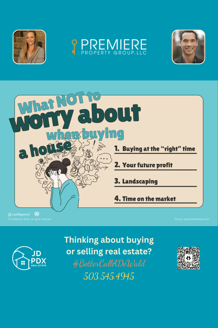Buying a Home? Here's What You Can Stop Worrying About . Illustration showing a stressed homebuyer with a checklist of things not to worry about when buying a house, promoting a calmer homebuying process.