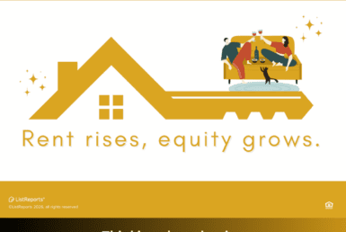 From Rent Checks to Real Equity. Graphic of a golden house and key icon with people relaxing on a couch, paired with the message about rent rising and equity growing. The bottom section features real estate branding, contact information, and agent photos.