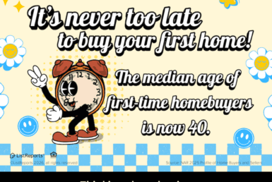 Is It Finally Time to Buy a Home? llustration showing a cheerful cartoon clock character with text about it never being too late to buy a first home, noting the median age of first-time homebuyers is 40, with real estate branding below.