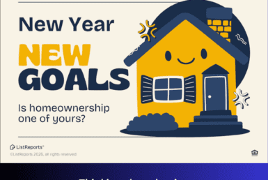 New Year, New Home Goals . Friendly illustration of a cheerful yellow house with winter accents beside text about New Year goals and homeownership. The bottom section includes real estate branding, agent photos, contact info, and company logo.