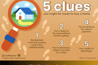 Your First Step to Homeownership. Infographic showing five clues you might be ready to buy a home, including saving for a down payment, solid credit, planning to stay put, and readiness for home upkeep, with JD PDX Real Estate branding and contact information.