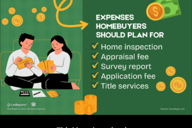 Illustration showing homebuyers reviewing upfront home buying expenses like inspection, appraisal, and title services, with budgeting and paperwork visuals.